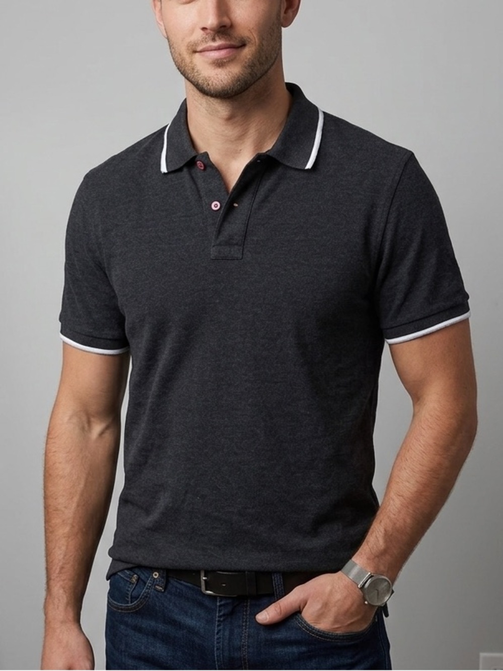 J. Crew Dark Charcoal Polo with White Trim